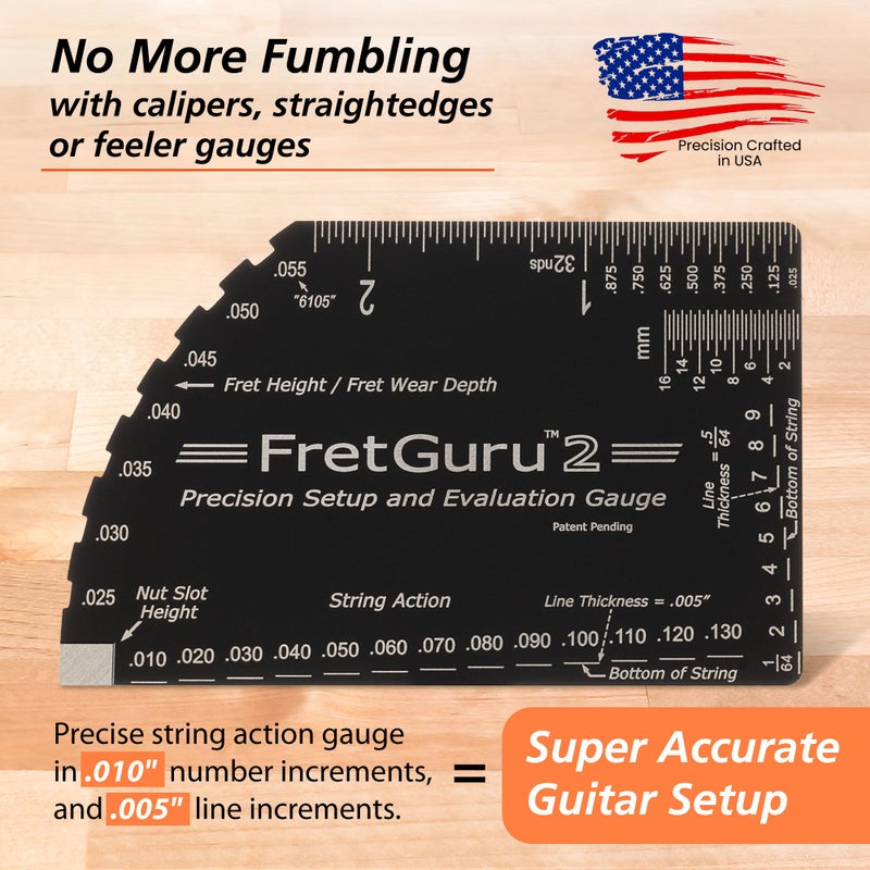 FretGuru String Action Gauge Guitar Fret Ruler Precision Fret Rocker Precise CNC Machined, Diamond Honed, Polished Edge Guitar String Height Gauge Luthier Tool with Genuine Leather Case - Image 2